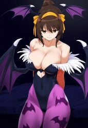 ai_generated breasts brown_eyes brown_hair capcom cleavage cosplay darkstalkers female large_breasts morrigan_aensland_(cosplay) ponytail skimpy_clothes skin_tight smile solo suzumiya_haruhi suzumiya_haruhi suzumiya_haruhi_no_yuuutsu suzumiya_haruhi_no_yuuutsu tagme wings