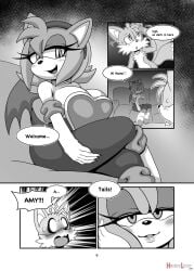 1boy 1boy1girl 1girls age_difference amy_rose anthro bedroom_eyes big_breasts blush dialogue english_text fox hedgehog huge_breasts imminent_sex large_breasts michiyoshi older_female rouge_the_bat rouge_the_bat_(cosplay) sega sonic_(series) sonic_the_hedgehog_(series) speech_bubble spoken_heart sweat sweatdrop tagme tails text voluptuous voluptuous_female younger_male