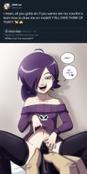 1girl 1girls 2020 accurate_art_style belly_button blue_eyes drawing_pen fanart heart linker linkerlewds meta obscured_genitals obscured_pussy pantyhose pose presenting purple_hair purple_sweater sweater sweater_lift text_bubble zone-tan