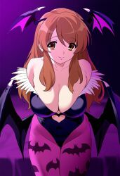 ai_generated asahina_mikuru breasts brown_eyes brown_hair capcom cleavage cosplay darkstalkers female large_breasts morrigan_aensland_(cosplay) skimpy_clothes skin_tight smile solo suzumiya_haruhi_no_yuuutsu suzumiya_haruhi_no_yuuutsu tagme wings