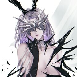 1girls angon623_(artist) behind_curtain bowtie breasts bunny_ears corruption curtains dreya_(path_to_nowhere) earrings gloves hiding_breasts lipstick long_hair long_sleeves looking_at_viewer mask medallion no_bra nude path_to_nowhere purple_eyes ring spikes white_background white_hair white_skin
