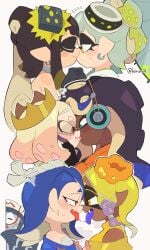 !? 1boy 6+girls 6girls big_man_(splatoon) blush callie_(splatoon) dark-skinned_female dark_skin deep_cut_(splatoon) digital_drawing_(artwork) digital_media_(artwork) eye_contact female female_focus french_kiss frye_(splatoon) greeting incest inkling kiirono kissing looking_at_another marie_(splatoon) marina_(splatoon) multiple_girls nintendo octoling off_the_hook_(splatoon) pearl_(splatoon) saliva saliva_drip shiver_(splatoon) splatoon splatoon_(series) splatoon_2 splatoon_3 squid_sisters surprised surprised_expression tentacle_hair tongue traditional yuri