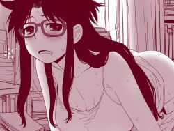 00s black_hair blush breasts camisole cleavage commentary_request dizzy drooling female glasses indoors large_breasts long_hair monochrome read_or_die sakaki_imasato saliva solo sweat yomiko_readman