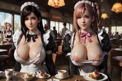 2girls ai_generated areola_slip cafe crowd_watching dead_or_alive dynamic_angle female final_fantasy_vii honoka_(doa) light_smile maid_outfit tifa_lockhart