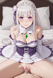 1boy 1girls ai_generated chastity chastity_cage chastity_device dominant_female emilia_(re:zero) female female_domination femdom male malesub no_penetration obedience obedient_sub punishment small_chastity_cage small_penis submissive_male