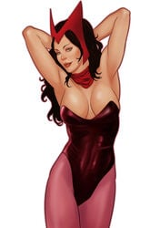 1girls armpit arms_behind_head avengers breasts brown_hair cleavage costume female green_eyes hair human large_breasts long_hair marvel marvel_comics maskedpenciller pantyhose scarlet_witch smile solo wanda_maximoff white_background x-men