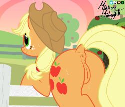 1girls 2d anus apple applejack_(mlp) ass blonde_hair clothing cowboy_hat equid equine female feral food friendship_is_magic fruit full_color genitals green_eyes hasbro hat headgear headwear hi_res horse mammal mistressmidnight my_little_pony no_penetration plant pony pussy quadruped smile solo solo_female tree