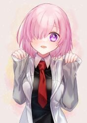 1girls black_shirt breasts female hair_over_one_eye harukappa mash_kyrielight mashu pink_hair purple_eyes red_tie shielder_(fate) shielder_(fate/grand_order) solo