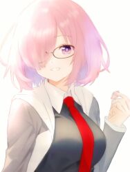 1girls artist_request big_breasts black_shirt breasts fate/grand_order fate_(series) female hair_over_one_eye mash_kyrielight mashu pink_hair purple_hair red_neckwear red_tie shielder_(fate) shielder_(fate/grand_order) shirt solo tie type-moon