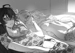 2girls ahoge areolae bedroom black_hair blush breasts cherryinthesun fingering_self full-face_blush futon greyscale hand_in_panties holding_hands imminent_masturbation licking_hand lighting long_hair looking_at_another looking_pleasured lying lying_on_back lying_on_bed masturbating_together masturbation monochrome mutual_masturbation mutual_yuri my_teen_romantic_comedy_snafu partially_clothed removing_panties romantic romantic_couple shirt_lift smile sweat underboob undressing vaginal_masturbation wholesome yuigahama_yui yukinoshita_yukino yuri