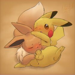 1:1 ambiguous_feral ambiguous_gender ambiguous_penetrated anus balls blush brown_body brown_fur duo eevee fellatio feral feral_on_feral feral_penetrated feral_penetrating feral_penetrating_feral fur generation_1_pokemon genitals hand_on_head hi_res male male/ambiguous male_feral male_penetrating male_penetrating_ambiguous nintendo nuangell oral penetration penile penis pikachu pokemon pokemon_(species) sex signature simple_background yellow_body yellow_fur