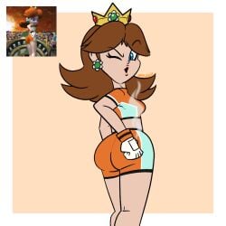 1girls artist_name ass big_ass blue_eyes breasts brown_hair daisy's_hot_stuff_(trend) fat_ass female female_only gloves hand_on_hip highres large_breasts legs looking_at_viewer looking_back mario_(series) mario_strikers midriff nintendo one_eye_closed open_mouth orange_shorts pose posing princess_daisy puckered_lips sensual short_hair shorts sideboob soccer soccer_uniform solo sportswear thighs wink