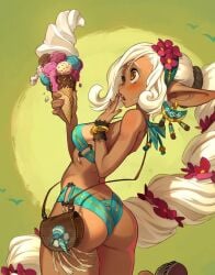 absurd_res bikini blue_panties blush breasts buckle earring earrings elf elf_ears elf_female fantasy fat_ass female female_focus female_only flower flower_in_hair flowers gold_eyes handbag high_resolution highres nail_polish nails_painted pink_nails ponytail round_ass small_breasts tan_body tan_skin thick_thighs thighs white_hair yellow_eyes