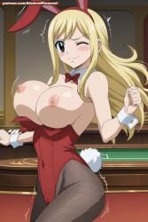 ai_generated aindroidparanoid ass ass_focus big_breasts big_butt blonde_hair bouncing_ass bouncing_breasts breasts bunny_costume bunny_ears bunny_girl bunny_tail bunnysuit casino fairy_tail fishnet_legwear fishnets flashing_breasts huge_ass huge_breasts indoors jumping leotard lucy_heartfilia nipples one_eye_closed pantyhose stable_diffusion tits_out topless twintails undressing