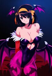 ai_generated breasts brown_eyes brown_hair capcom cleavage cosplay darkstalkers female large_breasts morrigan_aensland_(cosplay) skimpy_clothes skin_tight smile solo suzumiya_haruhi suzumiya_haruhi suzumiya_haruhi_no_yuuutsu suzumiya_haruhi_no_yuuutsu tagme wings