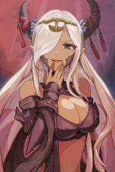 1girls absurdres asymmetrical_horns bare_shoulders breasts cleavage covering_mouth dark_skin dragon_girl female female female_only fire_emblem fire_emblem_engage hair_ornament hair_over_one_eye highres horns large_breasts laugh long_hair looking_at_viewer mature_female netugen33 nintendo pointy_ears purple_eyes revealing_clothes smile solo tassel very_long_hair zephia_(fire_emblem)