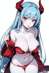 1girls ai_generated belly_button big_boobs big_breasts blue_eyebrows blue_hair boobs bra breasts demon demon_girl demon_horns elith_(unknownspy) female female_only horns jacket long_hair looking_at_viewer navel panties partially_clothed red_bra red_eyes red_horns red_jacket red_panties solo solo_female tagme unknownspy white_background white_body white_skin