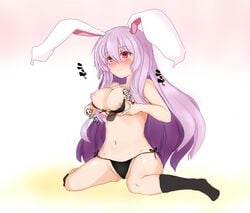 animal_ears areolae bikini bikini_pull black_bikini blush breast_hold breasts bunny_ears disembodied_penis female highres long_hair micro_bikini navel nipples paizuri penis pink_hair puffy_nipples red_eyes reisen_udongein_inaba sitting solo sprout_(33510539) swimsuit touhou very_long_hair wariza