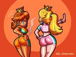2girls artist_name ass big_ass big_breasts black_lips blonde_hair blue_eyes breasts brown_hair busty daisy's_hot_stuff_(trend) fat_ass female female_only gloves grin hand_on_hip highres huge_ass large_breasts legs long_hair looking_at_viewer looking_back mario_(series) mario_strikers meme midriff multiple_girls nintendo orange_shorts outstretched_arm pink_shorts ponytail pose posing princess_daisy princess_peach seductive_smile sensual short_hair shorts sideboob smile soccer soccer_uniform sportswear thighs