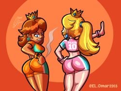 2girls artist_name ass big_ass big_breasts black_lips blonde_hair blue_eyes breasts brown_hair busty daisy&#039;s_hot_stuff_(trend) fat_ass female female_only gloves grin hand_on_hip highres huge_ass large_breasts legs long_hair looking_at_viewer looking_back mario_(series) mario_strikers meme midriff multiple_girls nintendo orange_shorts outstretched_arm pink_shorts ponytail pose posing princess_daisy princess_peach seductive_smile sensual short_hair shorts sideboob smile soccer soccer_uniform sportswear thighs