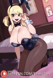 ai_generated blonde_hair brown_eyes bunny_ears bunny_tail bunnysuit fairy_tail heels kneeling large_ass large_breasts looking_at_viewer low_twintails lucy_heartfilia open_mouth pantyhose primosan smile