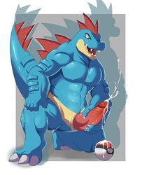 anthro big_penis blue_skin cum cumshot erection feraligatr fin glans kneeling knot male male_only masturbation muscles nintendo nude nuroi open_mouth orgasm penis poke_ball pokemon solo teeth video_games yellow_eyes