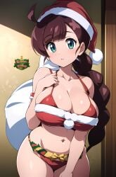 1girls ai_generated alternate_body_type alternate_breast_size bare_shoulders belly belly_button big_breasts bikini bikini_top blue_eyes breasts chloe_(pokemon) christmas christmas_clothing christmas_hat christmas_outfit cleavage closed_mouth collarbone creatures_(company) exposed_shoulders female game_freak large_breasts light-skinned_female light_skin looking_at_viewer midriff nintendo pokemon pokemon_journeys red_swimwear revealing_clothes ryuzam sideboob solo swimwear yellow_bow