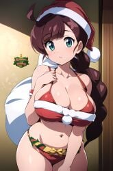 1girls ai_generated alternate_body_type alternate_breast_size bare_shoulders belly belly_button big_breasts bikini bikini_top blue_eyes breasts chloe_(pokemon) christmas christmas_clothing christmas_hat christmas_outfit cleavage closed_mouth collarbone creatures_(company) exposed_shoulders female female_focus female_only game_freak green_eyes large_breasts light-skinned_female light_skin long_hair looking_at_viewer midriff nintendo pokemon pokemon_journeys purple_hair red_bikini red_swimwear revealing_clothes ryuzam santa_hat sideboob solo swimwear yellow_bow