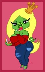 1girls angry_birds anthro blonde_hair breasts chubby chubby_female clothed clothes clothing crop_top crown curvy curvy_female cute female furry furry_female green_skin heel_boots humanoid lilievilla lipstick looking_at_viewer makeup mirror panties pants pig princess pumps rovio rovio_entertainment seductive smile smiling smiling_at_viewer solo solo_female thighs