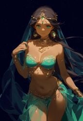 ai_generated aladdin brown_body disney earrings female_focus green_eyes harem_girl harem_outfit hourglass_figure jewelry junichoon princess princess_jasmine slave_outfit solo_focus tan_body tiara wide_hips