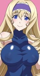 1girls big_breasts blonde_hair blue_eyes breasts busty cecilia_alcott covered_nipples drill_hair female female_only hairband highres infinite_stratos kuroda_ariake large_breasts leotard long_hair looking_at_viewer pink_lips see-through sensual smile solo voluptuous