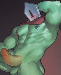 1_eye abs absurd_res big_muscles blush blush_lines cape clothing crystal disney genitals green_body hand_behind_head hi_res humanoid ibarra male male_only mouthless muscular muscular_humanoid muscular_male non-human noseless object_head pecs penis rhombulus_(svtfoe) simple_background solo star_vs._the_forces_of_evil toony_face vein veiny_penis