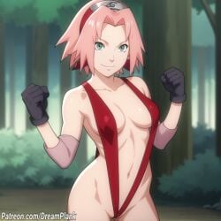 1girls ai_generated dreamplank female female_only forest gloves green_eyes headband human naruto outside pink_hair sakura_haruno short_hair sling_bikini slingshot_swimsuit solo swimsuit