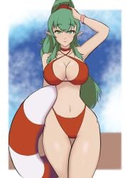 1girls alternate_costume arm_up bare_arms bare_thighs beach bikini breasts choker female female_only fire_emblem fire_emblem_awakening green_eyes green_hair hourglass_figure in2naps innertube large_breasts long_hair looking_at_viewer nintendo outdoors pointy_ears ponytail red_bikini red_swimsuit smile solo swimsuit thick_thighs thighs tiki_(adult)_(fire_emblem) tiki_(fire_emblem) very_long_hair wide_hips