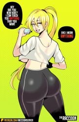 ass back back_view blonde_hair blue_eyes dialogue female leggings metroid ponytail raccoonserver samus samus_aran t-shirt