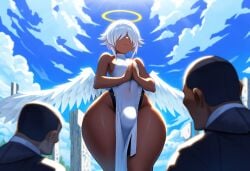 3boys ai_generated alriel angel angel_wings bulge city dark-skinned_male dark_skin day femboy girly hair_over_eyes halo human mullon novelai original_character praying sissy thick_thighs trap white_hair