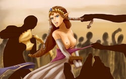 1girls assisted_exposure bondage breasts brown_hair censored crowd crown curvy erect_nipples exposed exposed_nipples female female_only femsub hair_grab hair_pull long_hair medium_breasts nintendo nipples no_bra outside pointy_ears princess princess_zelda public restrained the_legend_of_zelda tiara torn_clothes twilight_princess veiled616 zelda_(twilight_princess)