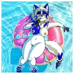 1:1 2024 anthro areola atomicbraven big_breasts bikini bikini_bottom bikini_removed bikini_top blue_hair breasts canid canine canis clothing danna_nsfw270 digital_drawing_(artwork) digital_media_(artwork) donut_pool_toy drinking female female/female flirting fur genitals hair hi_res light mammal monster_energy pool pool_float pussy relaxing shaded signature sipping smile solo sunlight swimming_pool swimwear thick_thighs two-piece_swimsuit water white_body white_fur wide_hips wolf