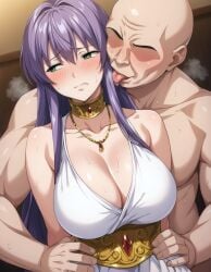 ai_generated athena_(saint_seiya) bald_man blush clothing collar dark-skinned_male dress dryticket_ai green_eyes hi_res huge_breasts licking long_hair looking_at_another older_male purple_hair saint_seiya saint_seiya:_the_lost_canvas sasha_(saint_seiya) sweat sweatdrop uncomfortable younger_female