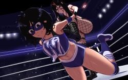 angry angry_face blood blood_on_face boots catfight dark_hair dark_skin fishnets kadence_(veyonis) pale_skin smiley_face veyonis wrestling wrestling_mask wrestling_outfit wrestling_ring wrestlingryona yuna_(veyonis)