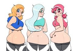 3girls alternate_color ass ass_cleavage ass_tattoo beauty_mark big_ass blonde_hair blue_eyes breasts bubble_butt butt_crack cassette_(saymanart) cassidy_(saymanart) commission cropped_jacket dat_ass fat_ass female female_only green_eyes hat huge_ass large_ass light-skinned_female light_skin looking_at_viewer looking_back lovetopullmicke mooning no_panties original pale-skinned_female pale_skin pants pants_down png red_eyes red_hair smile solo take_your_pick tattoo thick_ass thick_thighs vinyl_(saymanart) white_hair wide_hips