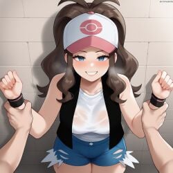 1boy 1girls ai_generated blue_eyes blush brown_hair dug-lith-pls grabbing_wrists grin hat hilda_(pokemon) imminent_kiss imminent_sex light-skinned_female light-skinned_male male_pov nintendo pokemon ponytail pushed_agianst_wall self_upload short_jeans steamy steamy_breath thiccwithaq_(ai_style) wall wavy_hair wet_clothes wrist_grab wristband yodayo