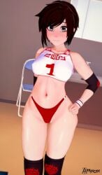 1girls 3d arrancon big_breasts black_hair busty confident female female_only grey_eyes hand_on_hip hi_res large_breasts midriff navel pose posing ruby_rose rwby sensual short_hair shorts smile solo sportswear tank_top