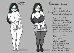 1girls areolae big_breasts breasts character_bio character_sheet curvy curvy_body curvy_hips curvy_thighs female glasses huge_breasts monochrome nipples ntr_gf_(quin-nsfw) pubic_hair pussy quin-nsfw roxanne_(quin-nsfw) solo thick_thighs wide_hips