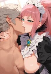 ai_generated blonde_hair breasts clothed corrin_(fire_emblem) corrin_(fire_emblem)_(male) felicia_(fire_emblem) fire_emblem fire_emblem_fates kissing maid maid_headdress mrteardrop nintendo pink_hair pointy_ears ponytail