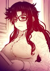 00s blush breasts cleavage commentary_request female glasses greyscale holding indoors large_breasts long_hair medium_breasts monochrome parted_lips read_or_die sakaki_imasato sketch solo sweat sweatdrop sweating wet wet_clothes yomiko_readman