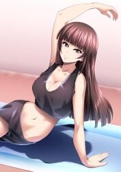 1girls big_breasts black_shorts black_skirt breasts brown_hair collarbone exposed_shoulders female girls_und_panzer large_breasts light-skinned_female light_skin long_hair looking_at_viewer mature_female memotonoshiwatsubasa milf mommy mother nishizumi_shiho shorts skirt solo_female