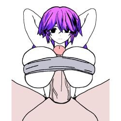 1boy 1girls animated animated_gif arms_behind_back big_breasts bra breasts empty_eyes expressionless expressionless_sex handsfree_paizuri jvne_(sewerslvt) jvnko(sewerslvt) looking_at_viewer music_(culture) paizuri paizuri_under_clothes purple_hair sewerslvt slut titjob traced transparent_background white_skin zonen404