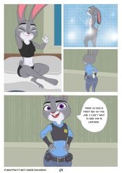 anthro bathing bathroom bedroom belt black_clothing black_underwear blue_clothing breast_grab breasts clothed clothing comic disney female grey_body hand_on_breast happy hi_res judy_hopps lagomorph leporid mammal nude purple_eyes rabbit shvarno solo text underwear zootopia