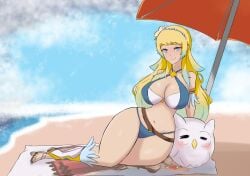 1girls alternate_costume alternate_hairstyle ball bangs bare_legs bare_midriff beach beach_ball bikini blonde_hair blue_eyes breasts cleavage dakimakura_(object) feh_(fire_emblem_heroes) female female_only fire_emblem fire_emblem_heroes fjorm_(fire_emblem) fjorm_(summer)_(fire_emblem) flower grin hair_flower hourglass_figure in2naps laegjarn_(fire_emblem) laegjarn_(summer)_(fire_emblem) large_breasts legs long_hair looking_at_viewer midriff multicolored_hair nintendo ocean official_alternate_costume official_alternate_hairstyle outdoors smile solo swimsuit thin_waist towel very_long_hair wide_hips yellow_hair